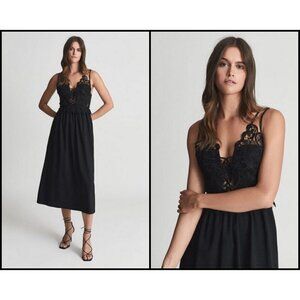 💕REISS💕 Serena Lace Bodice Midi Cocktail Dress ~ Black 4 US NWT
